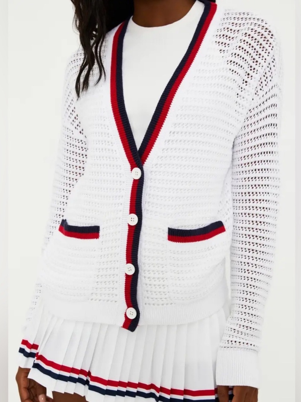 Beach Riot White Open-Knit Cardigan with Red & Navy Trim